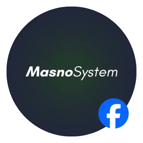 Logo firmy Masno System: Biały napis Masno system na gradientowym tle - granatowo-zielony gradient, w rogu zdjęcia umieszczone okrągłe logo Facebooka