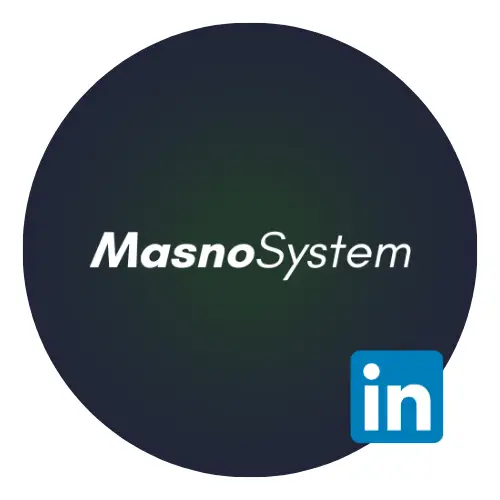 Logo firmy Masno System: Biały napis Masno system na gradientowym tle - granatowo-zielony gradient, w rogu zdjęcia umieszczone okrągłe logo LinkedIn'a