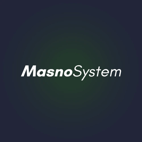 Logo firmy Masno System: Biały napis Masno system na gradientowym tle - granatowo-zielony gradient